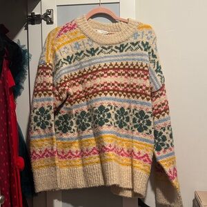 Zara Cream Fair Isle Crewneck Sweater with Multicolor Stripes